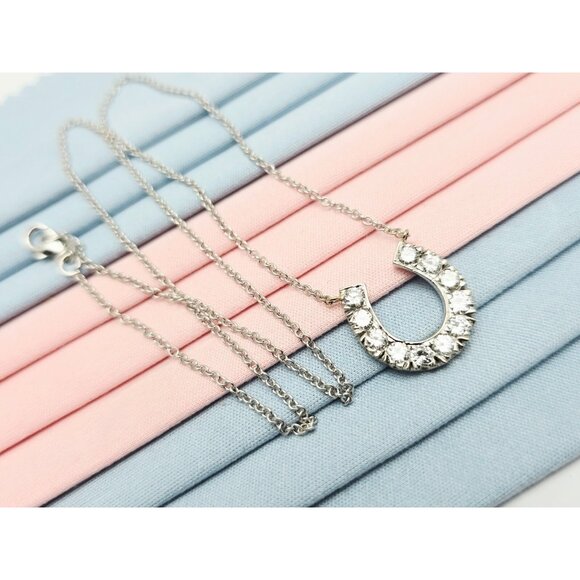 14K Solid White Gold Cable Link Chain Necklace & Diamond Horseshoe Charm Pendant